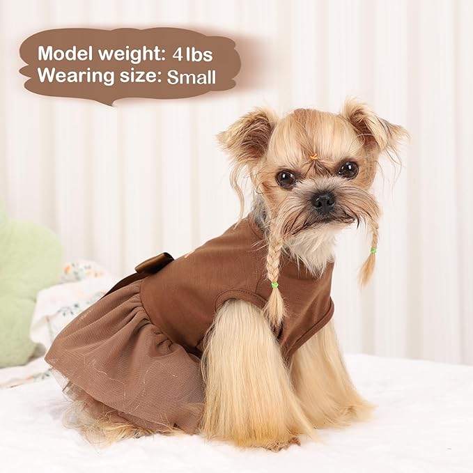 Dog Thanksgiving Outfit for Small Dogs Girl, Puppy Turkey Tulle Dress, LED Light Dog Clothes, Happy Holiday Lightweight Puppy Tutu Dress, Pet Costume Appeal, Brown, L