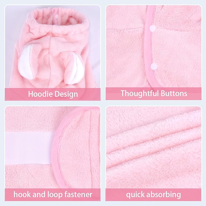 Pet Bathrobe Towel Dog Cat Drying Coat Super Absorbent Cute Dogs Bath Towel Hooded Robe Adjustable Collar & Belly Strap for XSmall to XLarge Pets (Pink, X-Large)