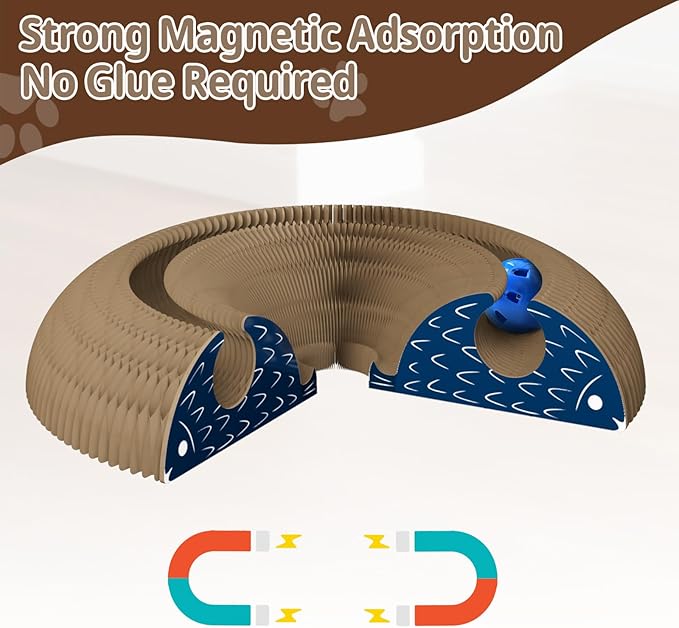 Kitty Curlz Magic Organ Cat Scratching Board with Bell Ball,Foldable Accordion Kitty Curls Cat Scratcher,Reversible Curling Toy for Indoor Cats,Blue Small Fish