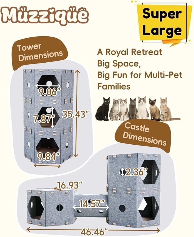 Large Cat Tunnel House Bed for Indoor Cats, w/Hair Brush, DIY Expandable Modular Felt Pet Castle, Clawsable Multi Layer Kitten Scratcher Nest, Peekaboo Small Dogs Puppy Cave, 3 Perch Kitty Furniture