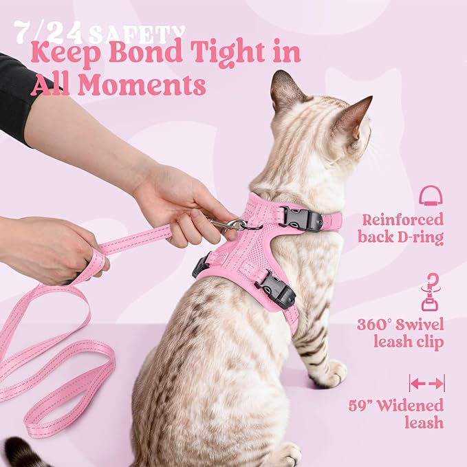 rabbitgoo Cat Harness and Leash, Escape Proof Vest with 3 Adjustable Buckles, Soft Comfortable Kitten Harness, Easy to Wear, Reflective for Safe Outdoor Walking, Small, Pink