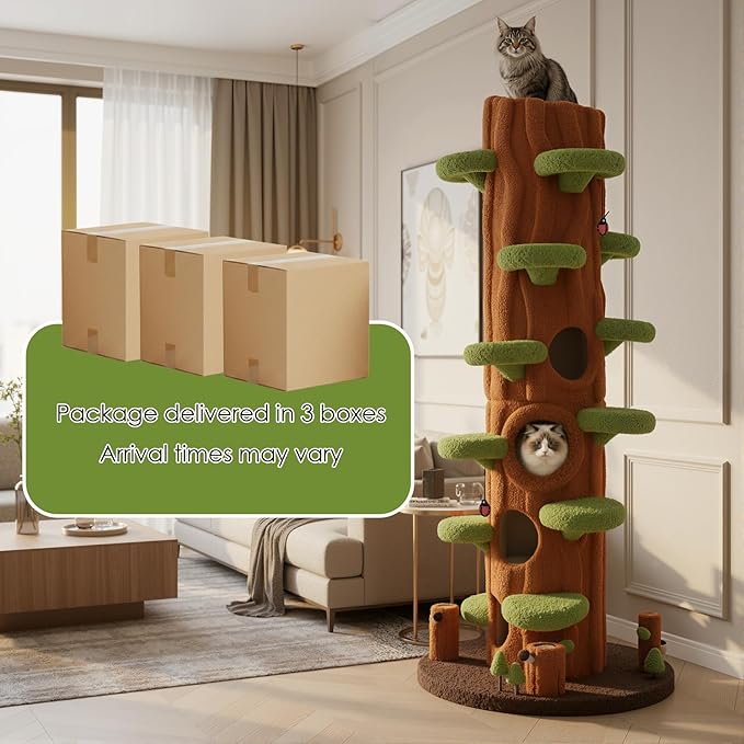 KAMABOKO 90.5 Inch Luxury Cat Tree with Scratching Post, Tall Cat Tree Tower with Sisal Scratching Pad, Multiple Jumping Platforms, Cute Hanging and Spring Toys, Large Cat Condo for for Indoor Kittens