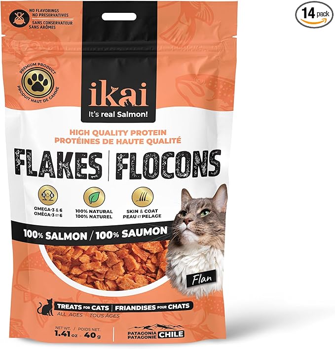 IKAI - 100% Natural Flakes Cat Treats - Single Ingredient: Patagonian Salmon from Chile, Hypoallergenic, with Omega 3 & 6 for Healthy Skin & Glossy Coat, Dehydrated, Grain-Free - 1.41 Oz (14)