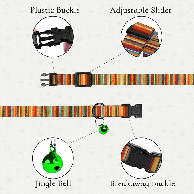 2 Pack Cat Collars with Bell - Breakaway Soft Collar for Girl & Boy Cats, Adjustable Safety Cute Kitten Collars – Comfortable Stylish Patterned Print Design Lightweight (Colorful + Flowers)