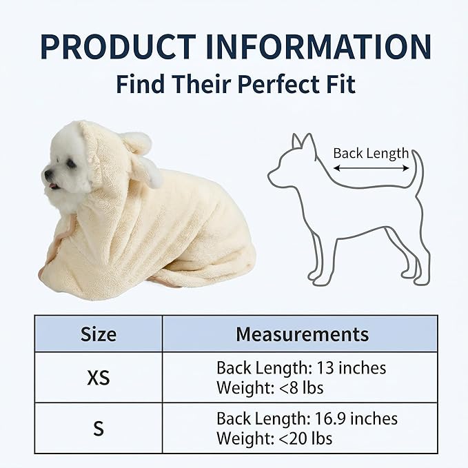 Dog Bathrobe Super Absorbent Towel for Small Dogs Cats Fast Drying Dog Robe Coat with Hood Puppy Cat Bath Towel Wrap Pet Grooming Supplies After Shower (White,XS)