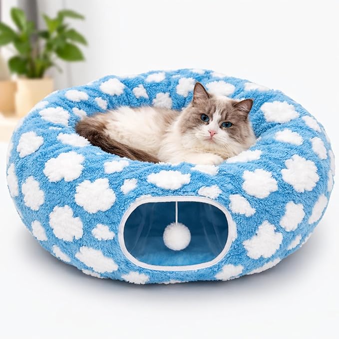 Grelife Cat Tunnel Bed for Indoor Cats, Cute Cat Tunnel Toys, Cat Donut Tunnel Toys with Washable/Removable Cushion, Non-Slip Base, for Cats, Kittens, Small Pets(33.5")
