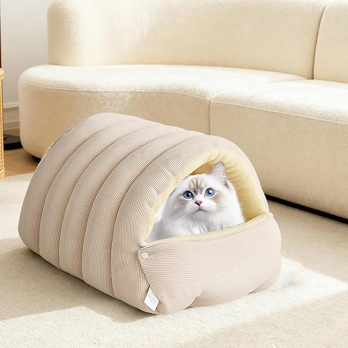 Washable Enclosed Cats House with Removable Cover Soft Plush Bed for Stress Relief Antislip Base Indoor Pet Furniture Detachable Pet Bed Cover