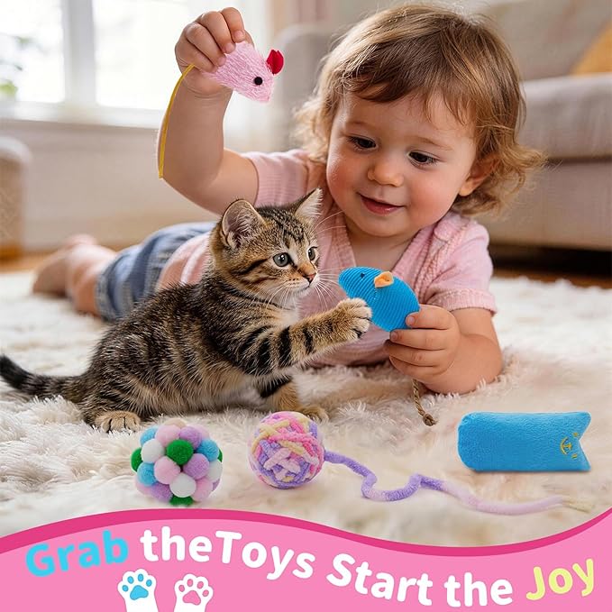 5Pcs Cats Toys Set, Interactive Kitten Toy for Indoor Kitty with Fuzzy Bell Balls Crinkle Catnip-Filled Toys Ball of Yarn Mice for Boredom Relief & Exercise - Mixed Color