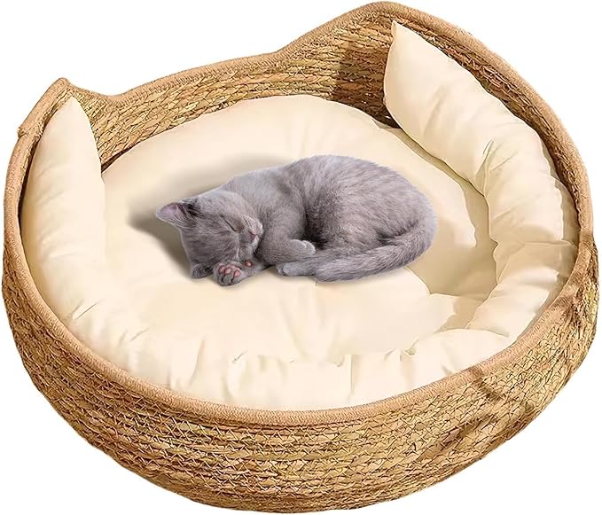 Cat Bed Woven Nest with Soft Cushion Pillow, All Season Pet Sleeping Basket for Kitten Puppy Dog, Round Cat House Resting Scratching Furniture Indoor