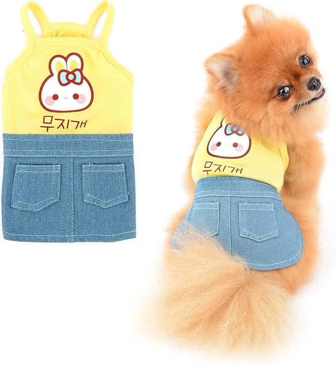 PAIDEFUL Small Girls Dog Denim Dress Spring Summer Sundress Cartoon Patch Soft Comfortable Puppy Clothes Cute Sleeveless Pullover Cats Costume Birthday Party, Yellow, XS