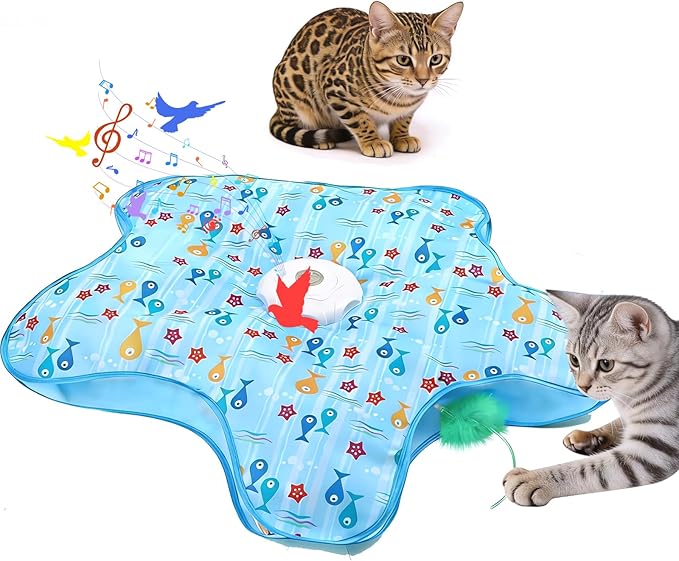 Interactive Cat Toy, Peek-a-Boo Series – Hidden Feather Wand, Rechargeable Indoor Hunting Toy, Squeaky Bird Sound, and Small Fish Pattern Cover