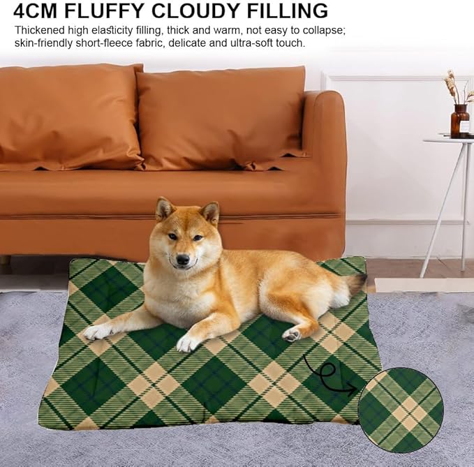 Green Yellow Plaid Dog Mat Non Slip Bottom Cat Warming Pad Cozy Soft Dog Bed for Bedroom Furniture for Pet Printed Pet Bed Mat Gift Tough Beds 24× 18 Inch Indoor Outdoor