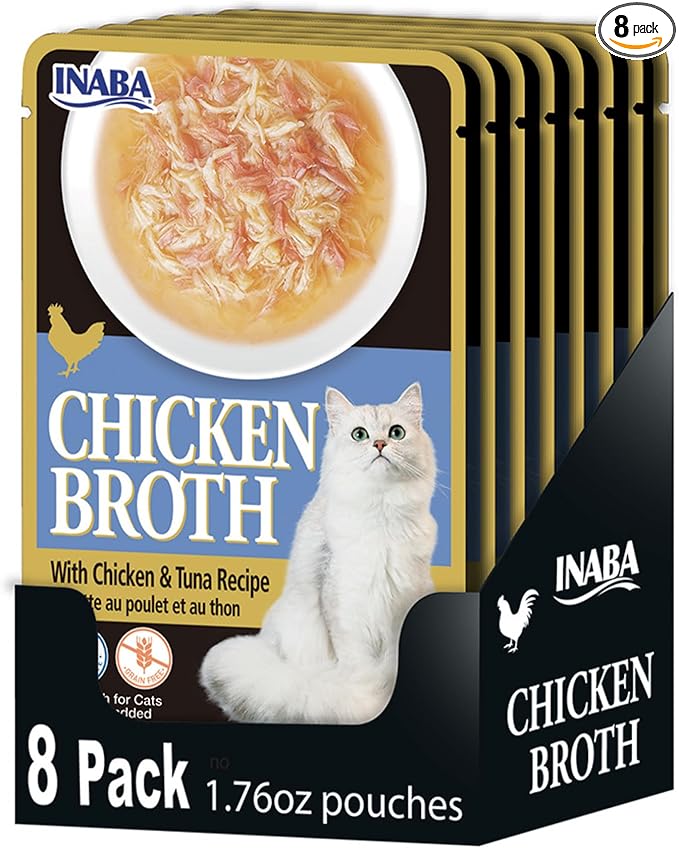 INABA Chicken Broth, Side Dish/Topper for Cats with Vitamin E, 1.76 Ounce Pouch, 8 Pouches Total, Chicken and Tuna Recipe