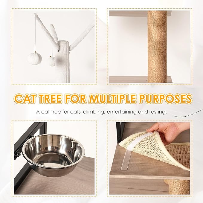 Modern Cat Tree Condo Tower Cat House Washroom Furniture Litter Box Enclosure with Scratching Posts, Hammock, Feeding Bowl & Removable Pompom Sticks, White+Gray (23.60" Lx17.70 Wx63.00 H)