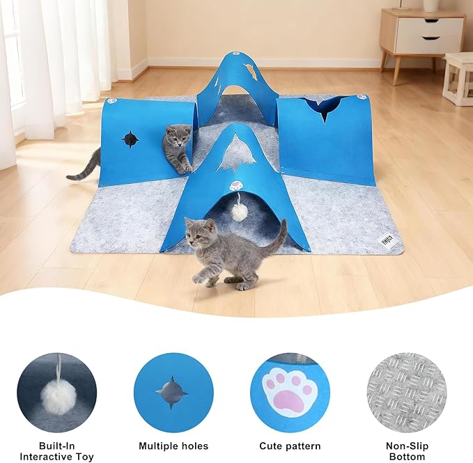 35.4" Large Interactive Felt Cat Activity Play Mat – Ripple Style Hide & Seek Tunnel with Hanging Ball, Foldable Snuffle Mat for Indoor Cats, Kittens, Rabbits, Small Pets, Blue