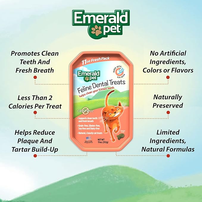 Emerald Pet Grain-Free Cat Dental Treats with Salmon – Crunchy Natural Dental Treats for Cats to Clean Teeth, Freshen Breath, and Reduce Plaque & Tartar – 11 oz Tub