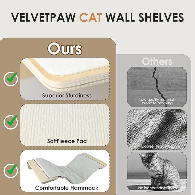VELVETPAW 5PCS Cat Wall Shelves Cat Wall Furniture with Bed and 4 Steps, Climbing Shelf Wall Mount for Indoor Outdoor Cats, Wall-Mounted Furniture for Kittens