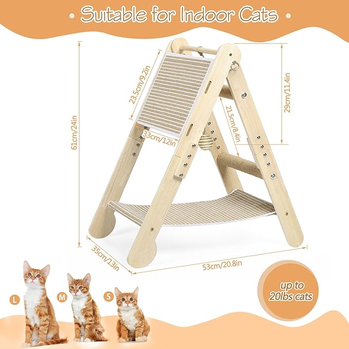 4 In1 Cat Scratching Post Triangular Cat Scratcher for Indoor Cats Kittens, Vertical Cat Scratch Board with Jute Cat Bed, Climbing Ramp and Hanging Ball Toy, Foldable Interactive Scratchers