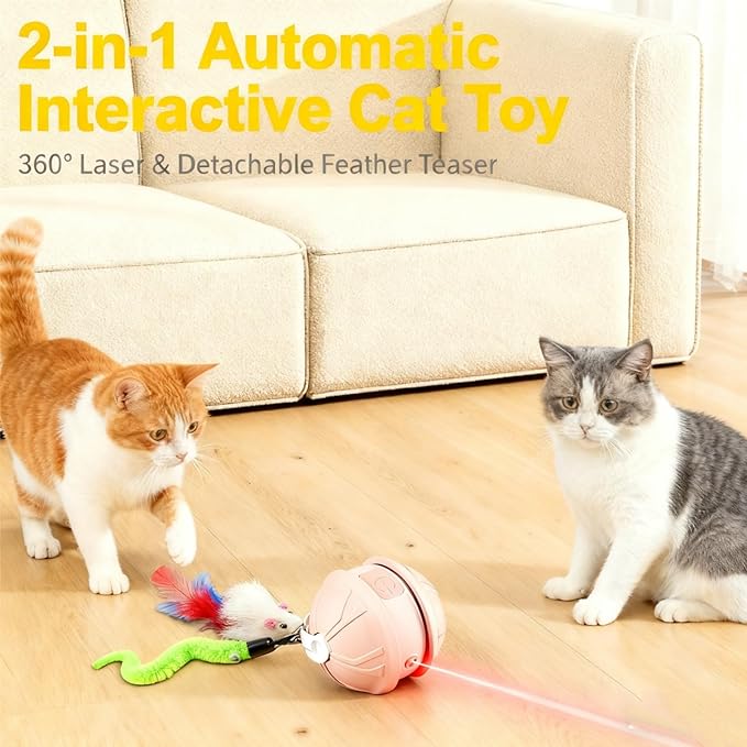 Interactive Cat Toy Ball for Indoor Cats, 2-in-1 Smart Moving Cat Ball with Feather Accessories, Automatic Kitten Toys for Bored Indoor Cats, USB Rechargeable Ideal for Small and Medium Cats