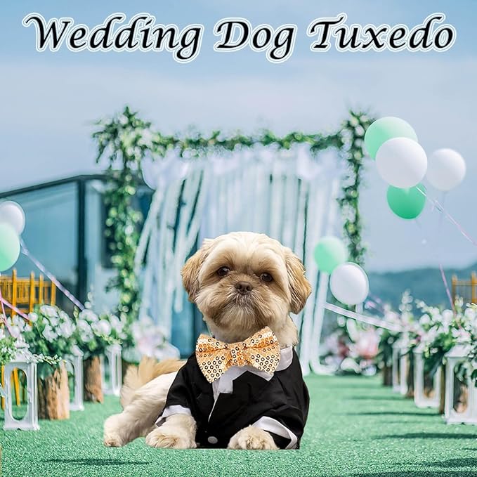 Dog Tuxedo Wedding Outfit Birthday Suit with Gold Bow Tie Formal Dog Tux Party Pet Costume for Small Medium Large Dogs Cats