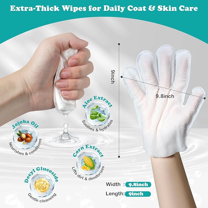 Pet Glove Wipes for Dogs & Cats, Travel-Friendly, with No-Rinse Foam Mousse for Enhanced Cleaning & Deodorizing, Extra Thick Hypoallergenic Design, Ideal for Large & Playful Puppies