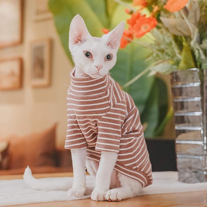 Sphynx Cats Warm Fleece Shirt Cat Turtleneck Undershirt Thermal Hairless Cat Clothes for Sphynx, Devon, Cornish Cat Clothes and Small Kitten and Dogs (Coffee Bold Stripe, Small)