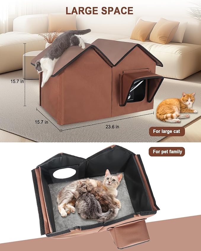Outdoor Cat House Weatherproof - Insulated Cat Houses for Outdoor Cats - Large Outside Cat House - Waterproof Feral Cat Shelter with Escape Doors & Elevated Base