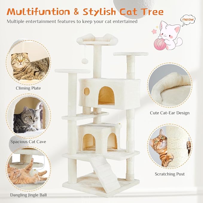 FluffyDream Cat Tree Tower for Indoor Cats, 54 Inches Multi-Level Activity Cat Tree with Sisal Scratching Posts Cat Play House Large Kitten Condo Funny Toys Climbing Ladder, Beige,Premium