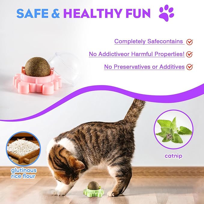Catnip Balls for Indoor Cats 4 Pack Wall Mounted Rotatable Cat Toys Teeth Cleaning and Stress Relief Adhesive Catnip Stick on Wall Toys Interactive Chew for Kittens Play Entertainment