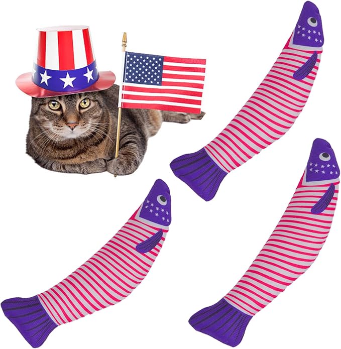 Catnip Fish Toys – Stars and Stripes Plush Cat Toys for Indoor Cats, Independence Day Themed Kicker Toy for Cats and Kittens, 4th of July Cat Gifts, 3-Pack