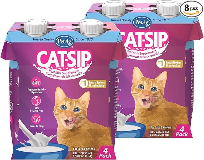 PetAg Cat-Sip Real Milk - 8 oz, 8 Pack - Ready-to-Feed Snack for Cats & Kittens - Easy to Digest with 99% Lactose-Free, Low-Fat Grade A Milk - Encourages Hydration