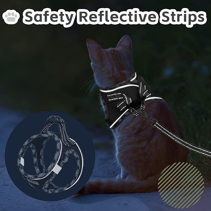 Cat Harness and Leash Set for Walking, Escape Proof Adjustable Soft Mesh Kitten Harness with Reflective Strips, Breathable No-Choke Pet Vest for Small Cats or Puppies(Black,XS)