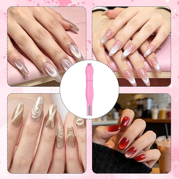 2Pcs 3 in 1 Cat Eye Nail Magnet, Double-Ended Multifunctional Nail Magnet Stick with Round Magnetic Bead Heart Shaped NailMagnet Cat Eye Magnets Art Design for DIY, Studio or Salon