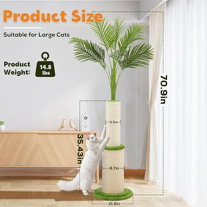 70.9inch Tall Cat Scratching Post,Artificial Areca Palm Tree Cat Scratcher with Sisal Rope,Extra-Large Scratching Post for Indoor Large Adult Cats,Faux Tree for Home Decoration (Areca palm-70.9inch)