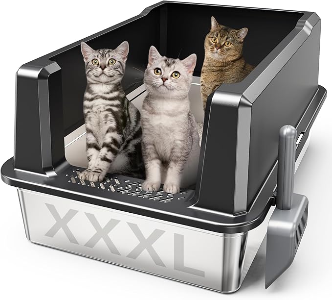 WoofiGo XXL Stainless Steel Cat Litter Box with High Sided, 27.6" L x 20" W x 14" H Extra Large Litter Box for Big Cats and Multiple Cats, Enclosure Cat Litter Pan with Anti-Urine Leakage, Easy Clean