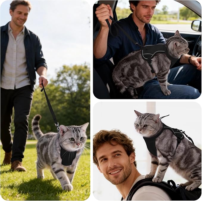 Dotoner Escape Proof Cat Harness and Leash Set Adjustable Soft Mesh Vest for Walking Safe Travel Vet Visit with Reflective Strips for Cats and Kittens(Black-L)