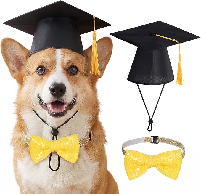 Pet Graduation Cap and Bowtie Set, Adjustable Dog Cat Graduation Hat with Gold Sequin Bowtie for Graduation Party Costume Accessory