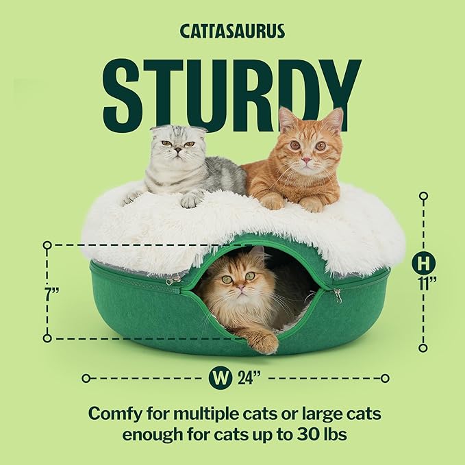 CATTASAURUS Peekaboo Cat Cave for Multiple & Large Cats Up to 30-45 Lbs, Fluffy Cat Beds & Furniture, Scratch Detachable & Washable Tunnel Bed, Comfy Donut Bed (Forest Green, Large (Calming))