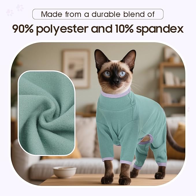 DENTRUN Cat Clothes for Hair Control with Hair Sticky Fabric - Soft Recovery Suit & Breathable Lint-Resistant Cat Sweater for Cats Only, Kitten Onesie Pajamas, XS, Bean Green