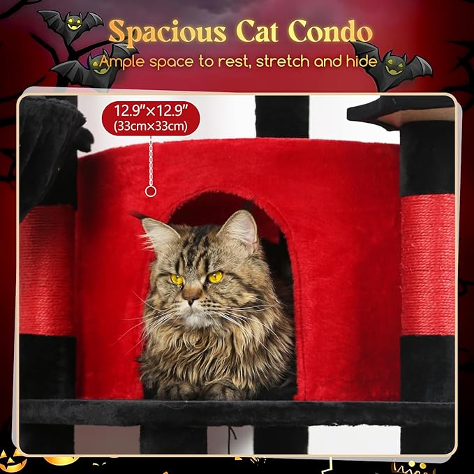 Globlazer Gothic Corner Cat Tree Tower with Scratching Post for Indoor Cats, 51inch Goth Cat Condo Tower with Large Hammock, Fan-Shaped Padded Perch, Spacious Cat Cave, Hanging Basket, C51, Red Black