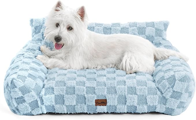 Made4Pets Cat and Dog Indoor Couch Bed, Soft Faux Fur Checkered Pet Sofa, Cozy Fluffy Pet Sofa with Supportive Foam, Removable Washable Cover with Non-Slip Base, Sky Blue, Medium