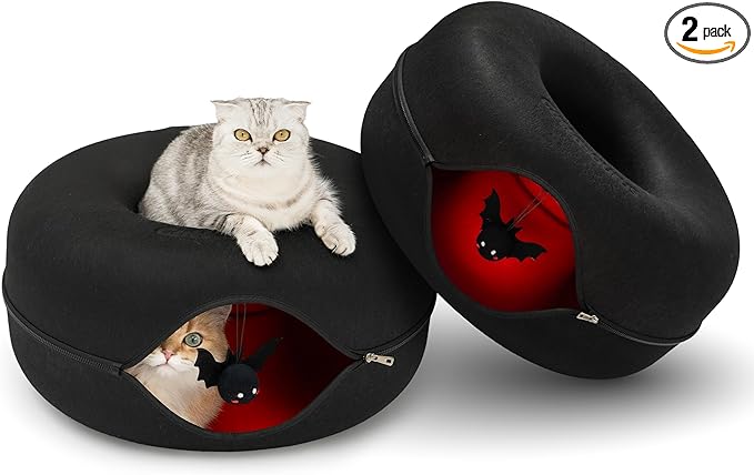 Cattasaurus Unique Peekaboo Cat Cave for Multiple & Large Cats Up to 30-45 Lbs, Scratch Detachable & Washable Tunnel Bed, Gothic Bat Donut Cat Cave (Duo Large Set)