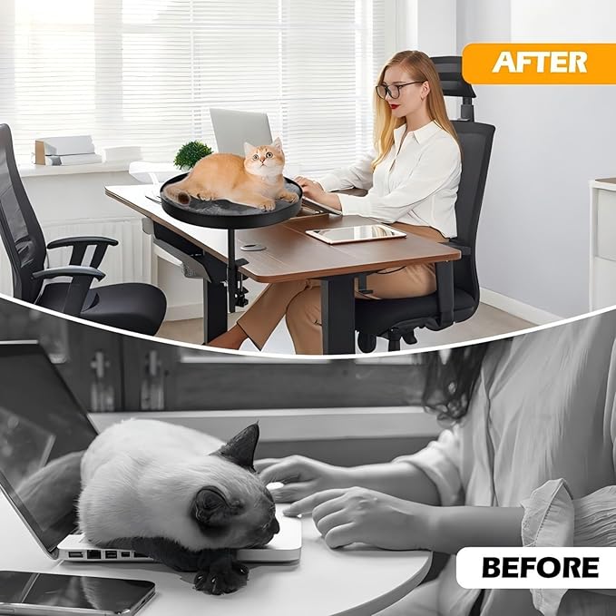 AQQHSAIN Cat Desk Bed Clamp Mounted Cat Hammock for Desk Space Saving Desktop Attachment Perch with Comfortable Soft Bed Elevated Pet Bed for Work Home Office Study Room