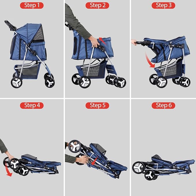4 Wheels Foldable Pet Dog Cat Jogger Stroller Travel Carrier Strolling Cart w/Waterproof Cover Storage Basket Cup Holder & Removable Liner for Medium Small Cat Dog, Navy Blue