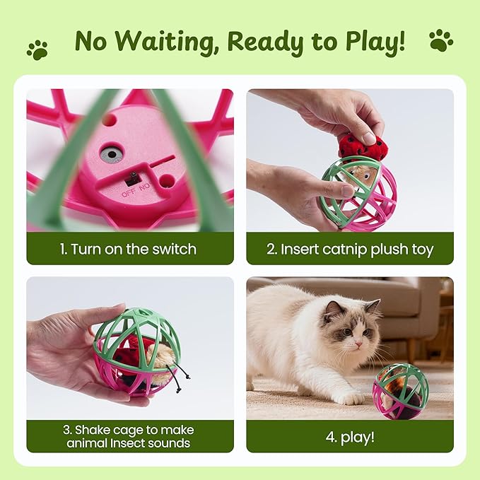 Cat Toys for Indoor Cats - Interactive Ball Cage Cat Toy with Realistic Insect Sounds & 2 Catnip Plush Toys, Motion-Activated Hunting Simulation Toy for Cats