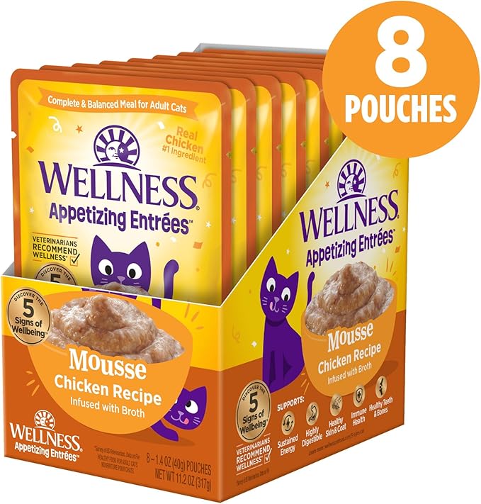 Wellness Appetizing Entrées Mousse Adult Wet Cat Food, Natural, Protein Rich, Grain Free, Chicken Recipe, 1.4 oz, Pack of 8 Pouches