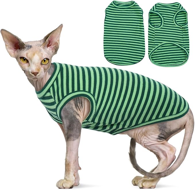 Sphynx Cat Clothes, Breathable Hairless Cat Shirts, Stripe Kitten T-Shirts Sleeveless, Pullover Cat Sweaters, Pet Summer Apparel for Sphynx, Cornish Rex, Devon Rex, Peterbald, Small Dogs