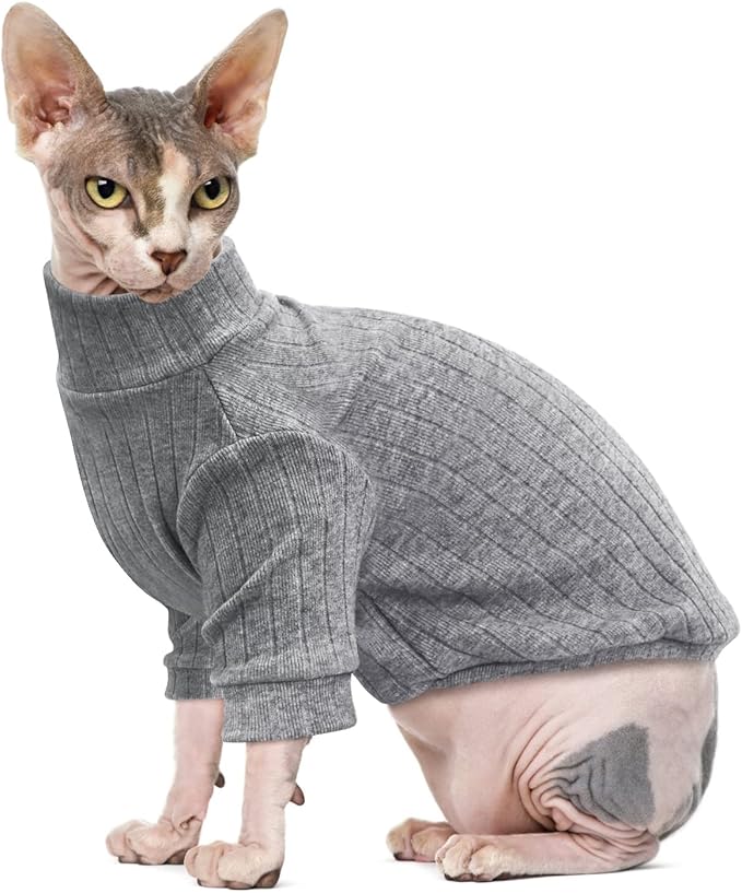 Idepet Sphynx Hairless Cats Sweater Shirt Kitten Soft Puppy Clothes Pullover Cute Cat Pajamas Jumpsuit Cotton Apparel Pet Winter Turtleneck for Cats and Teacup Chihuahua Small Dogs(Gray,XL)
