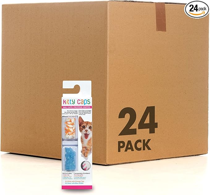 Kitty Caps Nail Caps for Cats, White with Orange and Clear with Blue Glitter - Safe, Stylish and Humane Alternative to Declawing, Stops Scratches and Snags, Large 13 lbs or More, 40 Count - 24 Pack