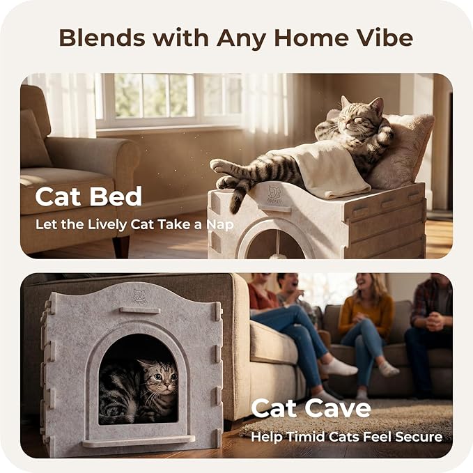 Cat Bed Cave for Indoor Cats: New Felt Cat Bed with Fluffy Ball Hanging, Foldable Cat House with Scratch-Resistant Board, Hideaway Cat Cave for Timid Cats, Sturdy Two-Tier Cat Condo - Gray